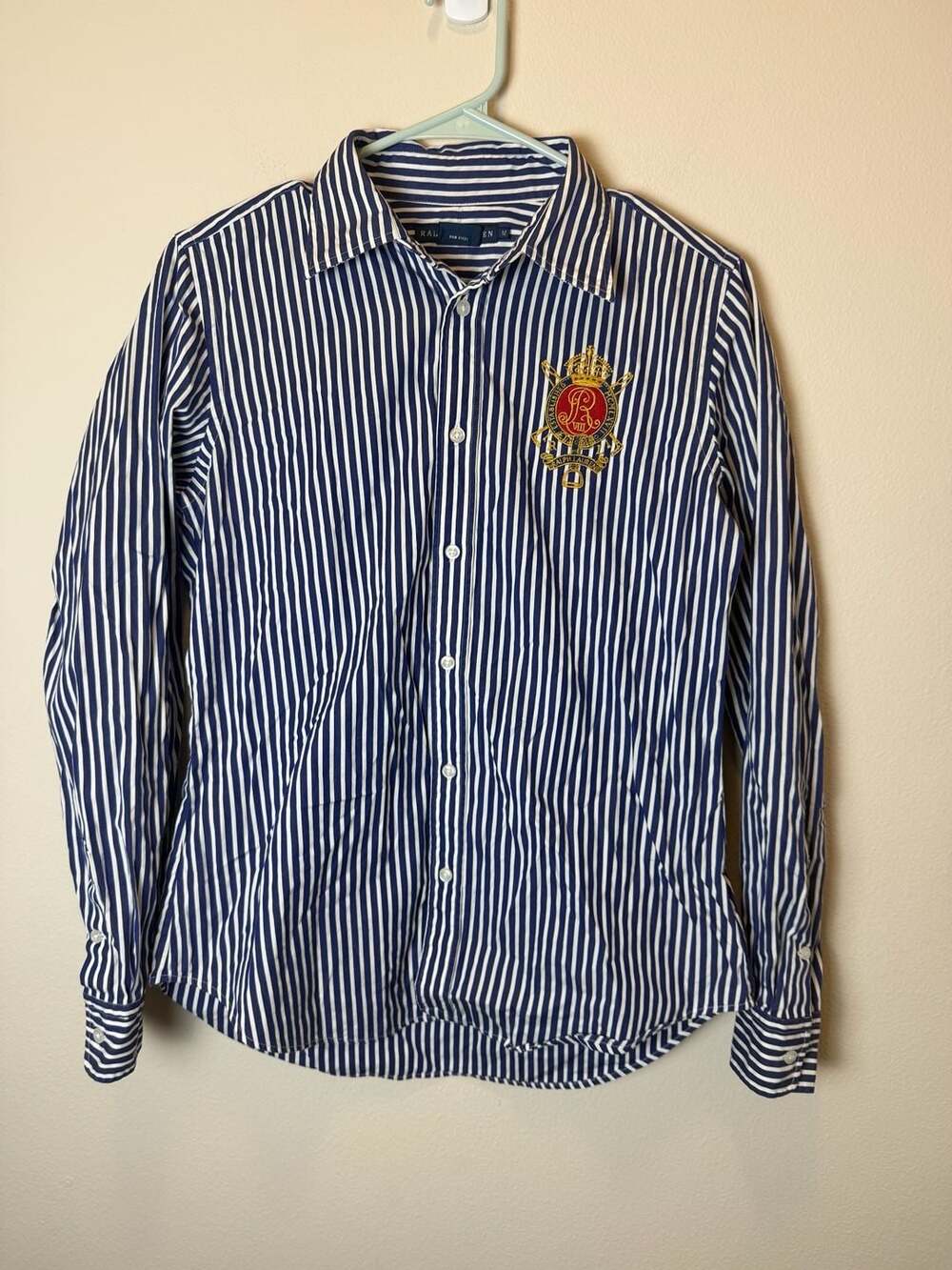 Ralph Lauren Women's Blue and White Striped Long Sleeve Button-Down Shirt